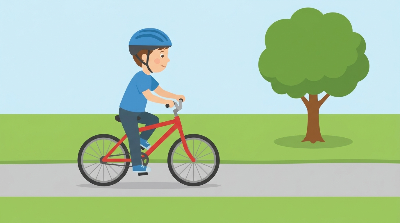 青いヘルメットをかぶった男の子が赤い自転車に乗って灰色の道を走っている。背景には大きな緑の木と緑の芝生が広がり、上には薄い水色の空。